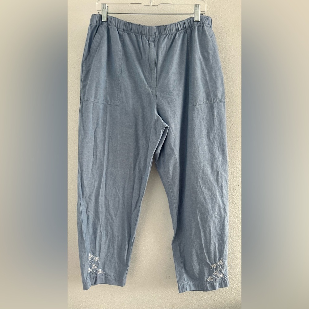Classic Elements Light Blue Elastic-Waist Embroidered Hem Pants Size 16 Petite